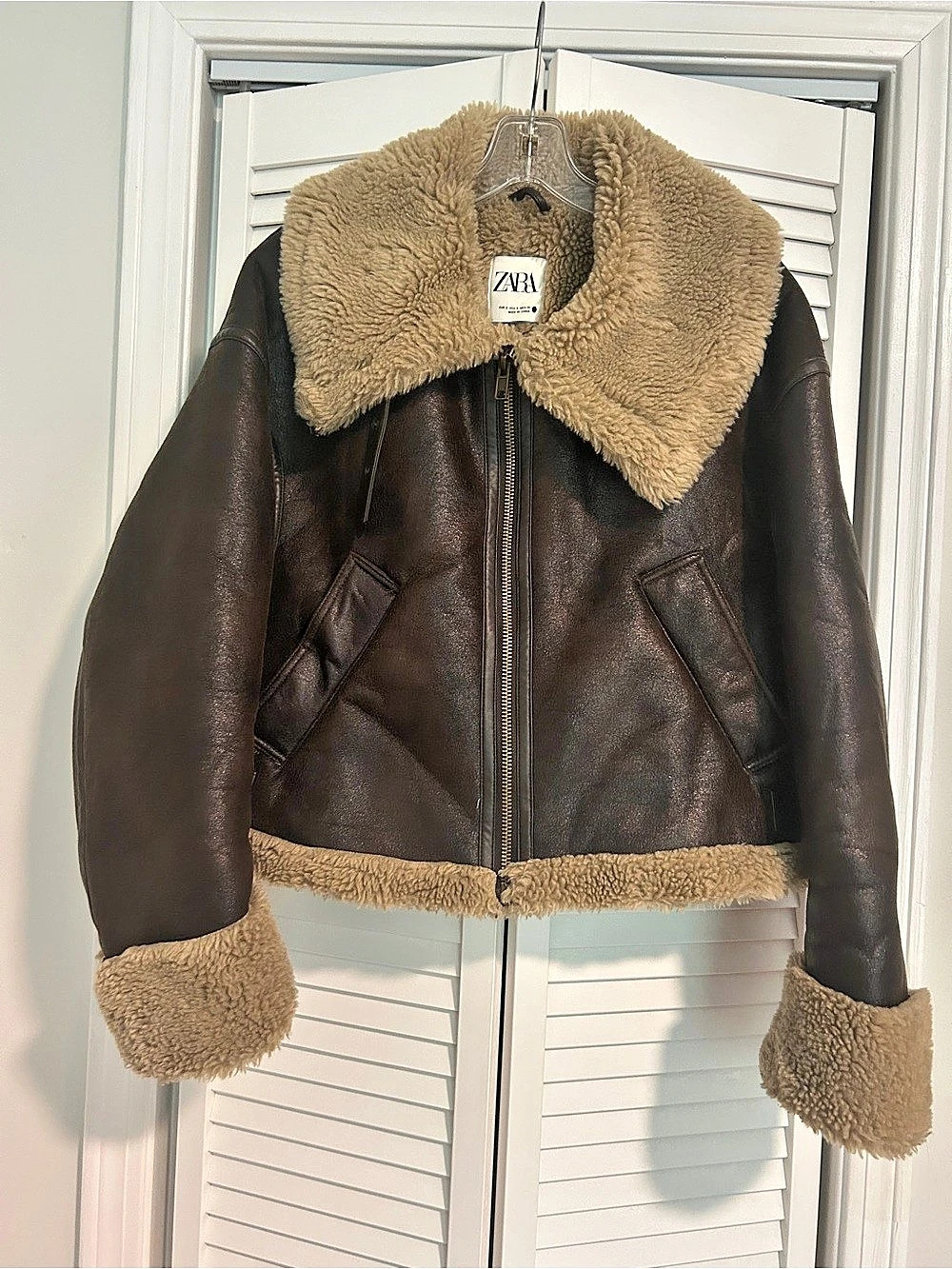 Zara Faux Shearling Aviator Jacket Brown Size Small